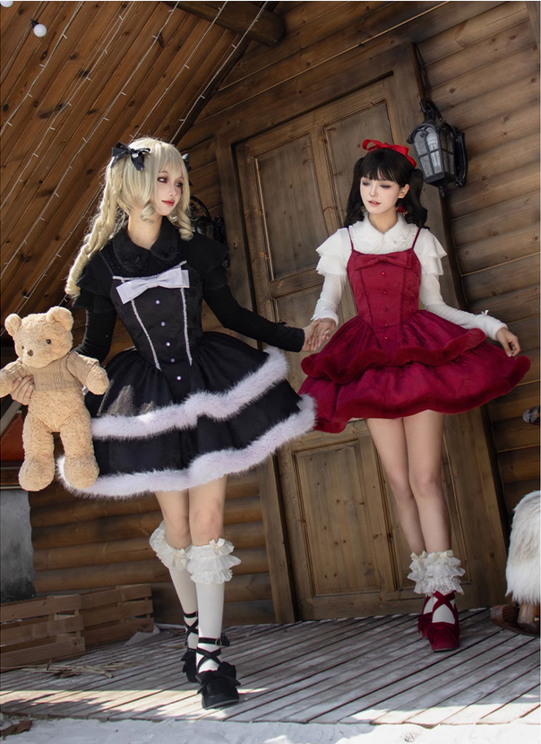 【預購代購】lolita聖誕精靈 蝴蝶結拼接毛條v字收腰兩段式裙擺洋裝/背帶裙/吊帶裙/連衣裙/連身裙 耶誕節蘿莉塔