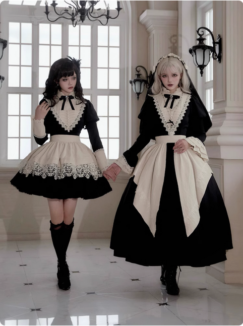 {大全套}【代購預購】lolita宅邸的秘密 玫瑰刺繡蕾絲花邊立領洋裝/連身裙/連衣裙＆曲牙邊圍裙＆姬袖接袖 哥德蘿莉塔