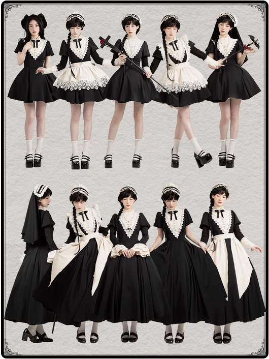 {套裝}【代購預購】lolita宅邸的秘密 玫瑰刺繡蕾絲花邊立領洋裝/連身裙/連衣裙＆曲牙邊圍裙＆姬袖接袖 哥德蘿莉塔
