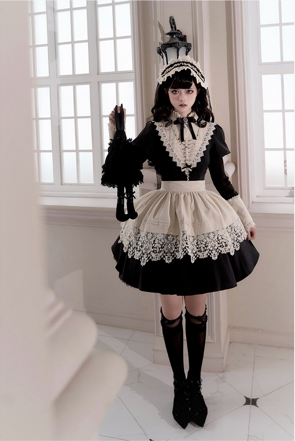 {短款}【代購預購】lolita宅邸的秘密 玫瑰刺繡蕾絲花邊立領洋裝/連身裙/連衣裙＆曲牙邊圍裙＆姬袖接袖 哥德蘿莉塔
