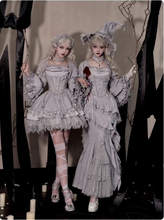 {大全套}【代購預購】lolita銀月女巫 盪領小可愛＆蕾絲花邊半身裙＆魚尾裙套裝＆牛仔褲＆姬袖荷葉邊坎肩 哥德蘿莉塔