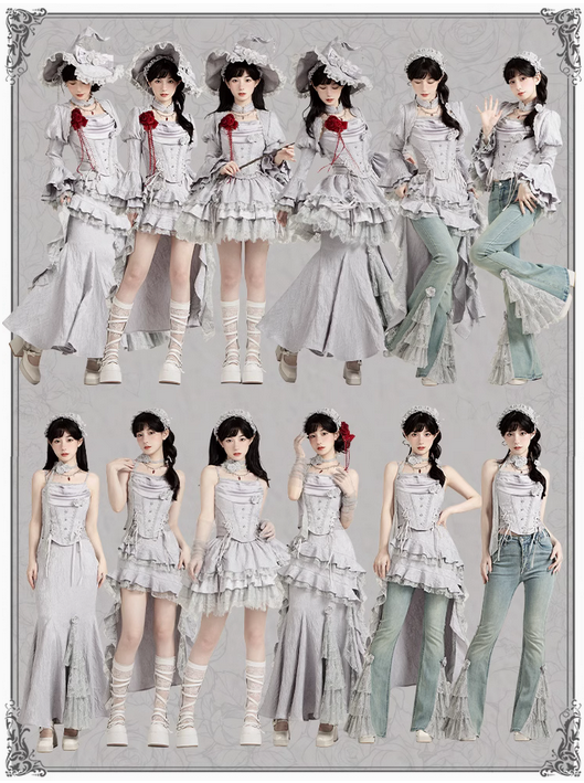 {套裝}【代購預購】lolita銀月女巫 盪領小可愛＆蕾絲花邊半身裙＆魚尾裙套裝＆牛仔褲＆姬袖荷葉邊坎肩 哥德蘿莉塔