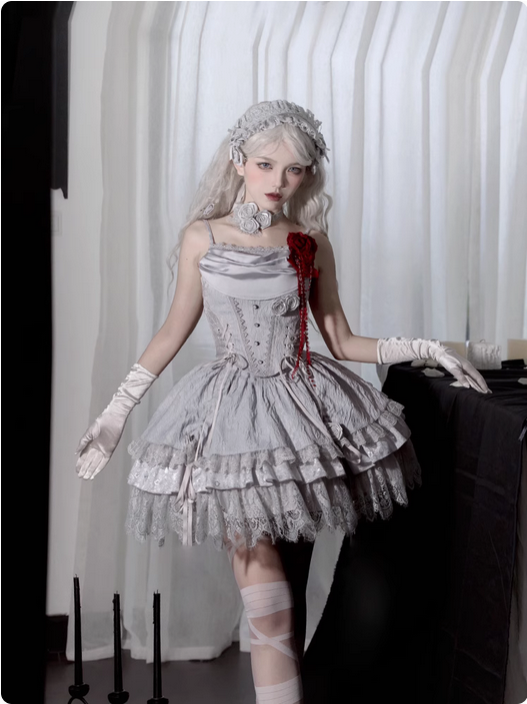{短款}【代購預購】lolita銀月女巫 盪領軟魚骨小可愛＆玫瑰花蕾絲花邊半身裙/荷葉邊半裙＆姬袖荷葉邊坎肩 哥德蘿莉塔