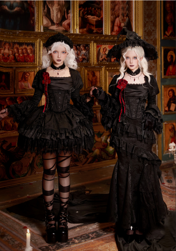 {大全套}【代購預購】lolita暗夜女巫 盪領小可愛＆蕾絲花邊半身裙＆魚尾裙套裝＆姬袖荷葉邊坎肩＆魔女帽 哥德蘿莉塔