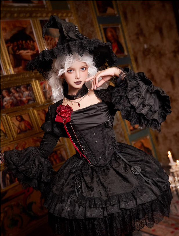 {短款}【代購預購】lolita暗夜女巫 盪領小可愛＆蕾絲花邊半身裙＆魚尾裙套裝＆姬袖荷葉邊坎肩＆魔女帽 哥德蘿莉塔