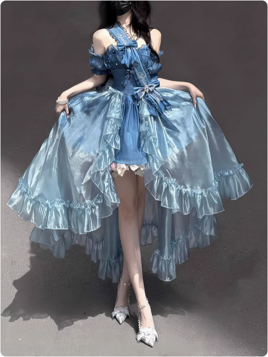 【代購預購】lolita極光之海 珍珠蝴蝶結塔克折荷葉邊前短後長環胸禮服/洋裝/連身裙/連衣裙＆泡泡袖手袖＆綬帶 蘿莉塔