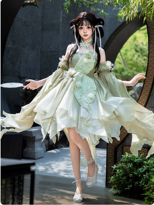 【代購預購】lolita春意蝴蝶谷 刺繡蝴蝶立體花朵盤扣流蘇旗袍領改良式漢服/洋裝/連身裙/連衣裙＆水袖手袖＆蝶尾拖尾