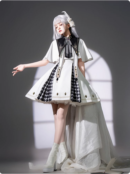 【代購預購】lolita黑白世界的愛麗絲 菱形紋刺繡洋裝/連身裙/連衣裙＆菱形寶石披肩＆寶石蝴蝶結刺繡假領 哥德蘿莉塔