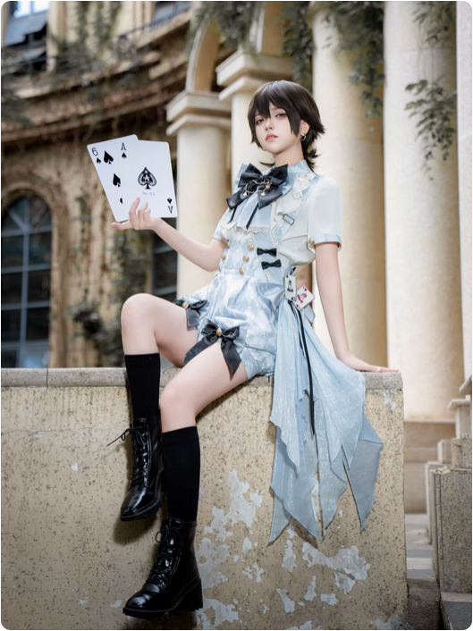 【代購預購】lolita愛麗絲的時空冒險 蝴蝶結黑陶梅花吊墜短袖襯衫＆格紋印花背帶短褲/背帶褲＆撲克牌綬帶 王子蘿莉塔