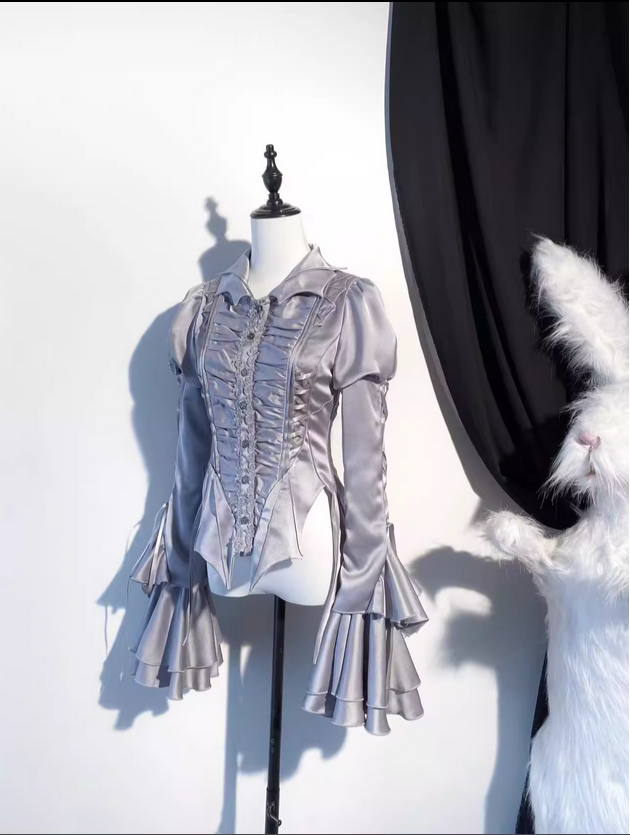 {新色}【代購預購】lolita吸血鬼戀人 蕾絲花邊交叉緞帶皺褶蝙蝠翻領荷葉邊王子袖襯衫/多色襯衫/上衣 哥德王子蘿莉塔