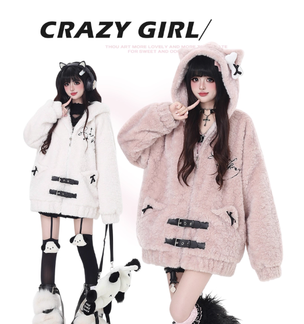 【代購預購】lolita骨頭貓 立體骨頭裝飾蝴蝶結刺繡羊羔絨貓耳毛絨外套/貓耳絨毛長外套/連帽外套 甜酷風 動物系蘿莉塔