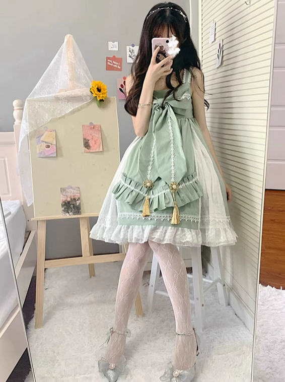 【代購預購】lolita春之獨語 花朵形狀蕾絲花邊蝴蝶結流蘇荷葉邊背帶洋裝/連身裙/連衣裙＆荷葉邊內搭套裝 國風蘿莉塔