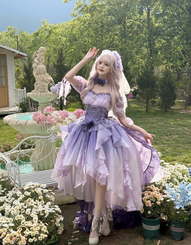 {新色前短後長}【預購訂做】lolita仲夏薔薇魔法 立體玫瑰蝴蝶結荷葉花邊珍珠背帶珠鍊洋裝/連身裙/連衣裙 古典蘿莉塔