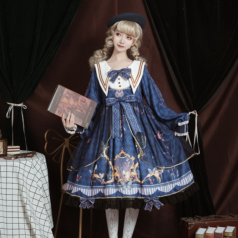 【代購預購】lolita幻蝶魔境 蝴蝶印花蝴蝶結蕾絲花邊荷葉邊愛心扣罩紗羊腿袖水手領長袖洋裝/連身裙/連衣裙 甜美蘿莉塔