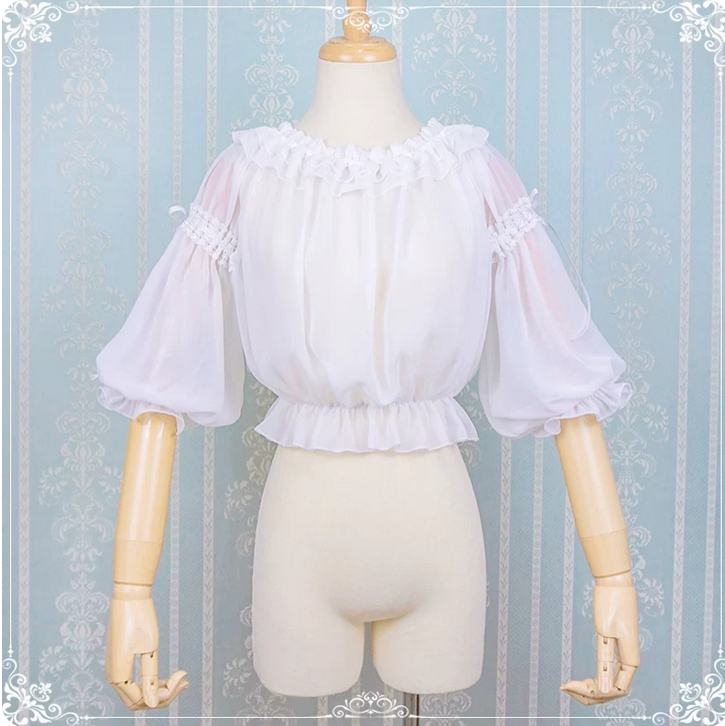 【代購預購】lolita春雪 蕾絲花邊木耳邊燈籠袖一字領內搭/短袖內搭/短袖上衣/白色內搭/黑色內搭 基礎蘿莉塔