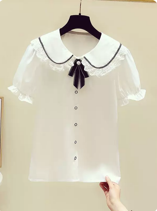【代購預購】lolita綺靡詩章 緞帶蝴蝶結領結蕾絲花邊娃娃領公主袖襯衫/短袖襯衫/短袖上衣 學院蘿莉塔
