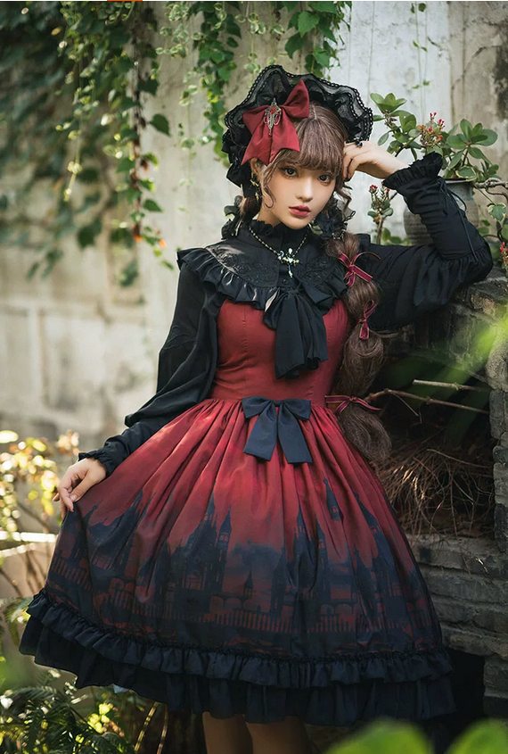 【代購預購】lolita玫瑰荊棘 玫瑰荊棘刺繡愛德華領荷葉邊翻領緞帶穿繩羊腿袖襯衫/小高領長袖襯衫 古典蘿莉塔