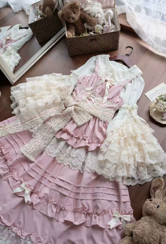 【代購預購】lolita公主夢 緞帶蝴蝶結花朵緹花蕾絲花邊娃娃領雪紡姬袖襯衫/層疊蕾絲邊長袖內搭 甜美蘿莉塔