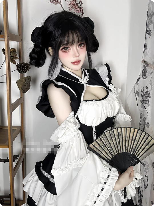 【代購預購】lolita縫綴玲瓏 旗袍領盤扣荷葉邊中國風女僕裝/洋裝＆袖套＆愛心圍裙套裝/連身裙/連衣裙 華風蘿莉塔