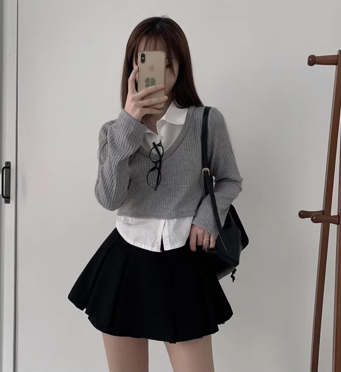 ￼🏷ʏᴜɴᴀ’s ·正韓代購🇰🇷假兩件坑紋針織襯衫長袖上衣 3colors