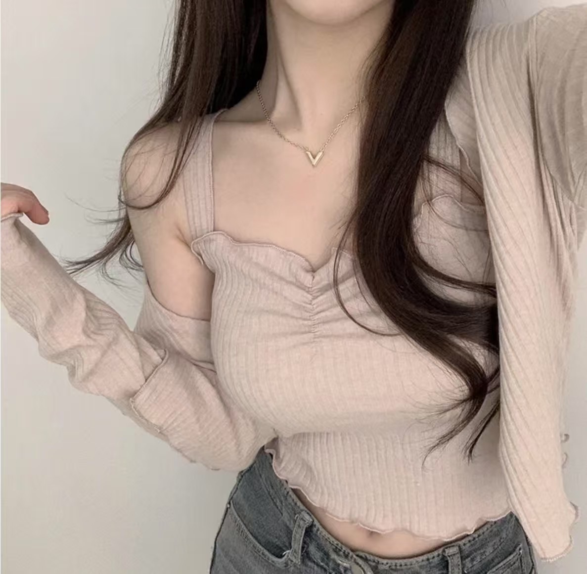 現貨+預購ෆ🏷ʏᴜɴᴀ’s ·正韓代購🇰🇷純慾系坑紋捲邊背心+罩衫set 3colors