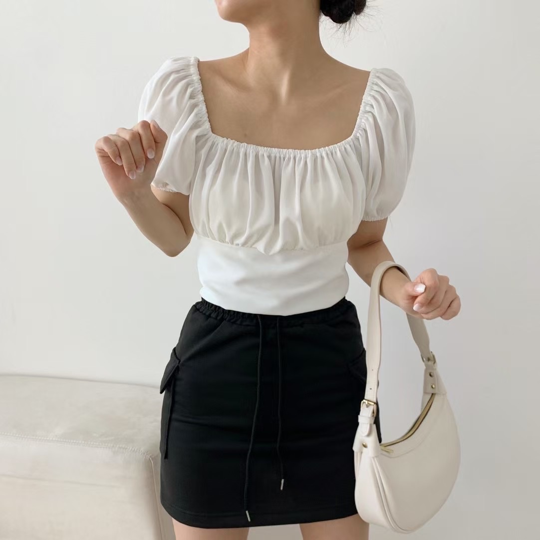 ￼🏷ʏᴜɴᴀ’s ·正韓代購🇰🇷法式浪漫後綁帶抓皺短袖上衣