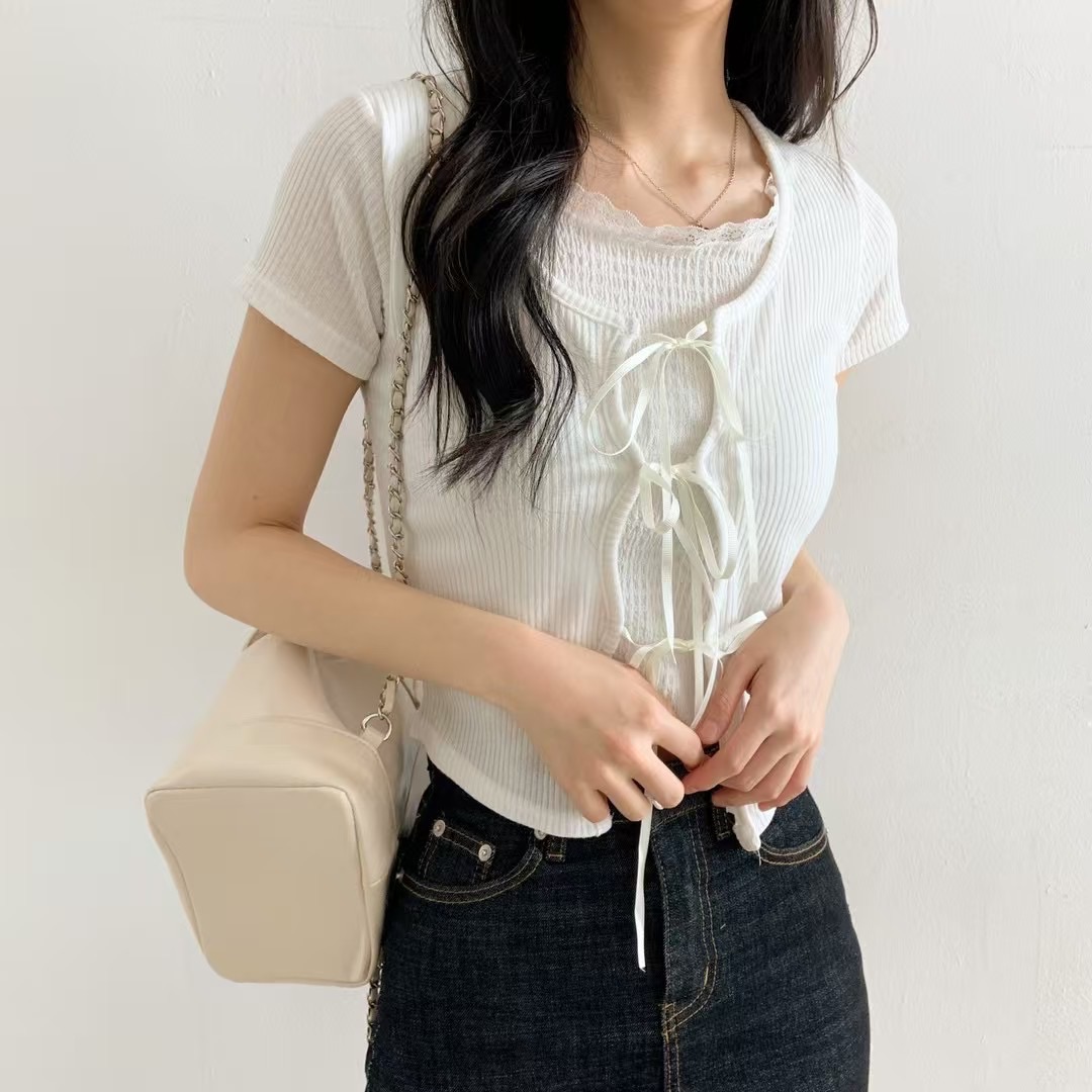 現貨+預購ෆ🏷ʏᴜɴᴀ’s ·正韓代購🇰🇷日常浪漫🌷層次感綁帶開襟短袖上衣