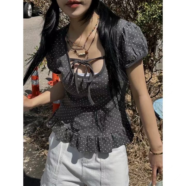 ￼🏷ʏᴜɴᴀ’s ·正韓代購🇰🇷復古甜點🍰小圓點綁帶短袖上衣