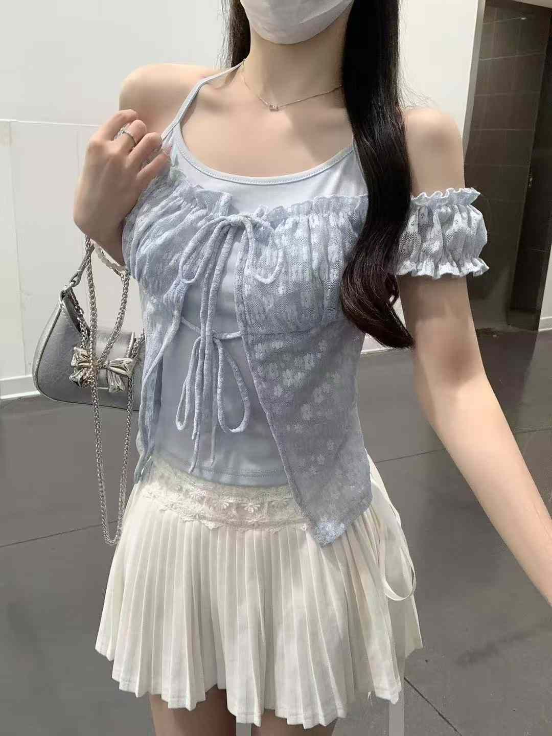 現貨+預購ෆ🏷ʏᴜɴᴀ’s ·韓國代購🇰🇷夏之絮語🌻緹花針織層次感短袖上衣set