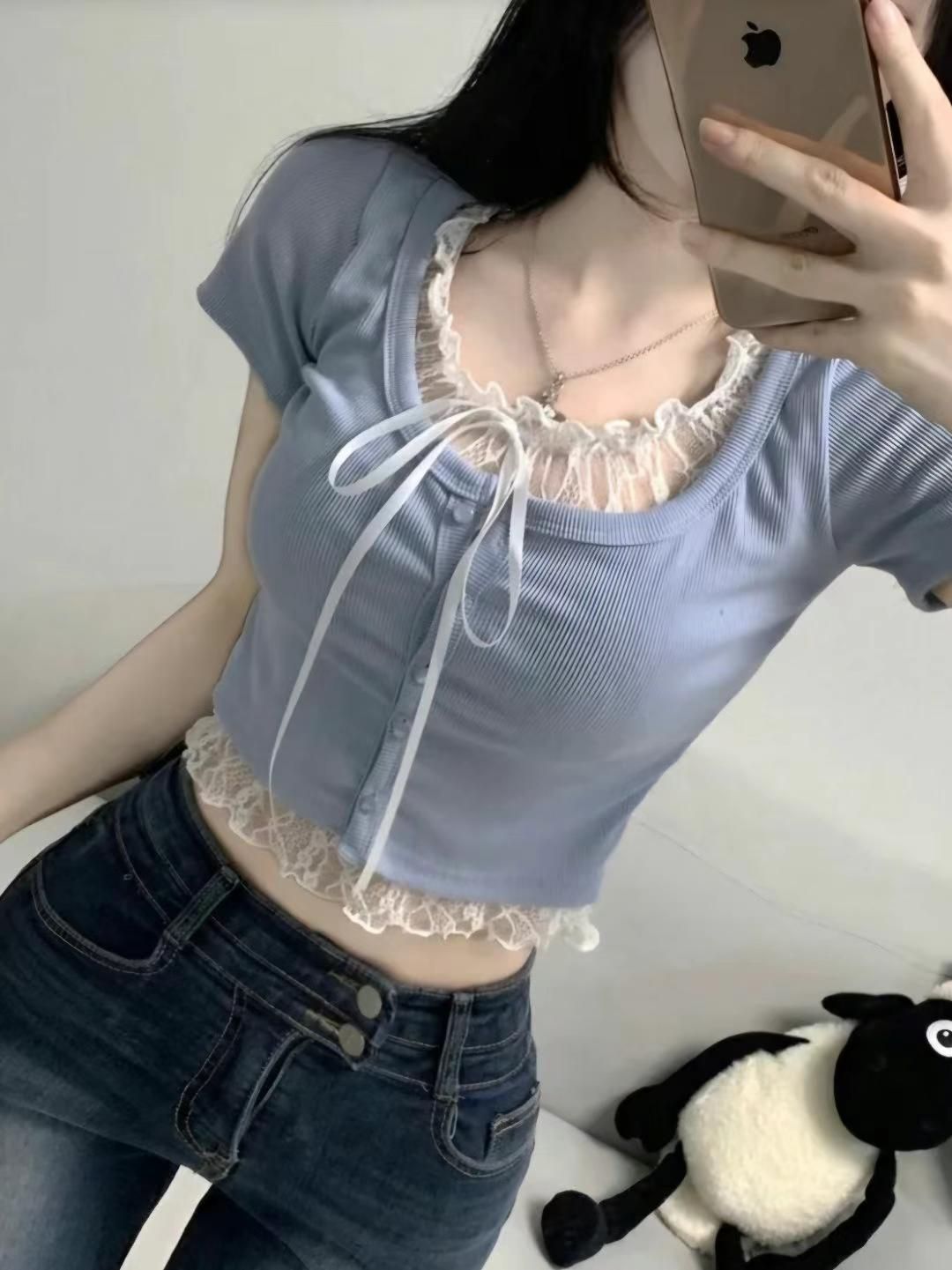 現貨+預購ෆ🏷ʏᴜɴᴀ’s ·正韓代購🇰🇷綿語花邊🌹蕾絲綁帶短袖上衣