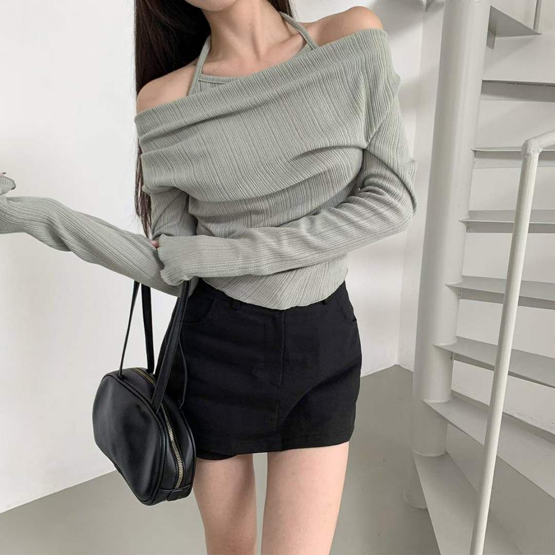 現貨+預購ෆ🏷ʏᴜɴᴀ’s ·正韓代購🇰🇷微光時刻💫假兩件露肩螺紋後綁帶針織上衣