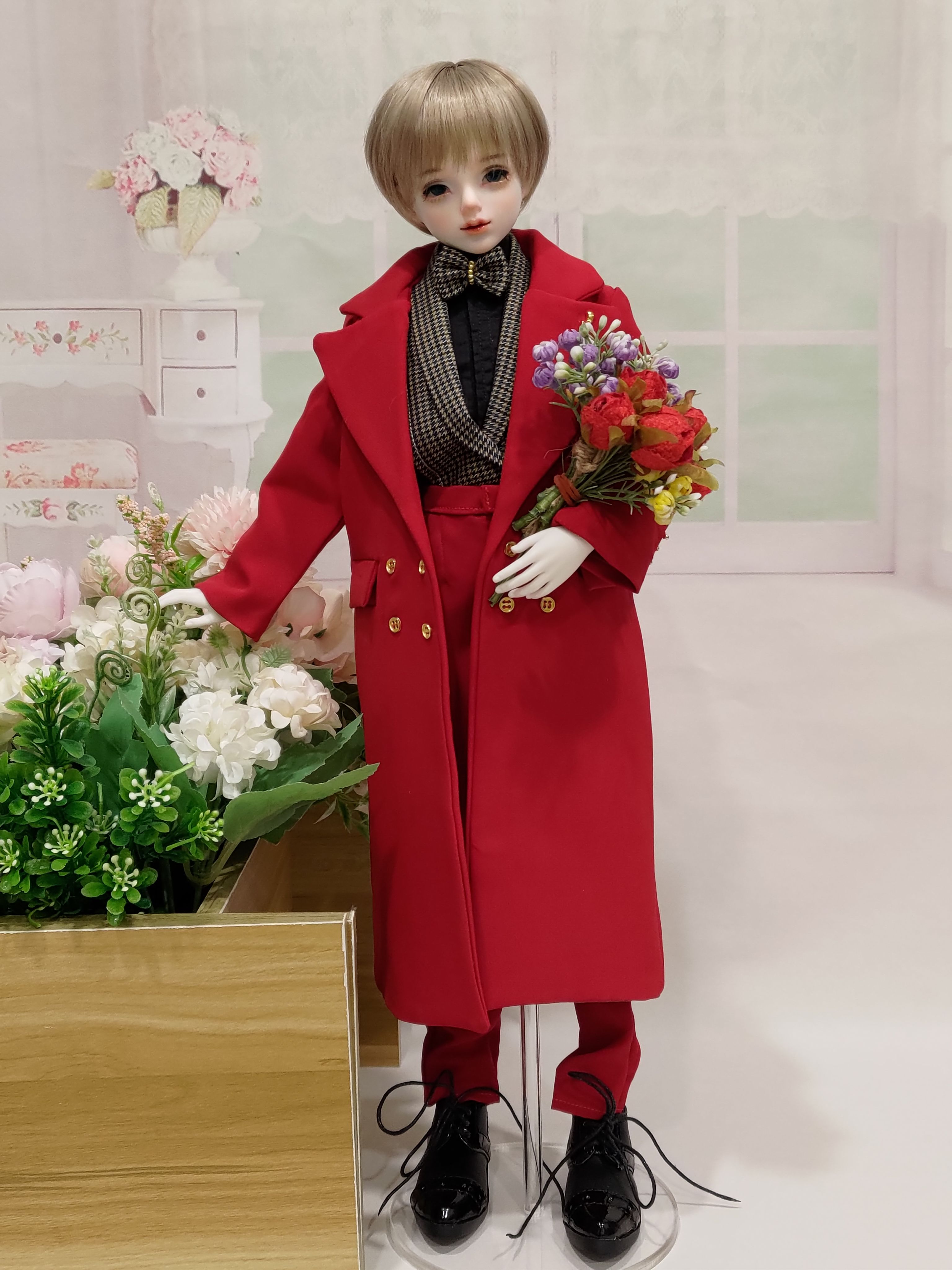 [BJD娃衣-4分]E家材料包成品「暖暖先生」新年戰袍 紅色長大衣