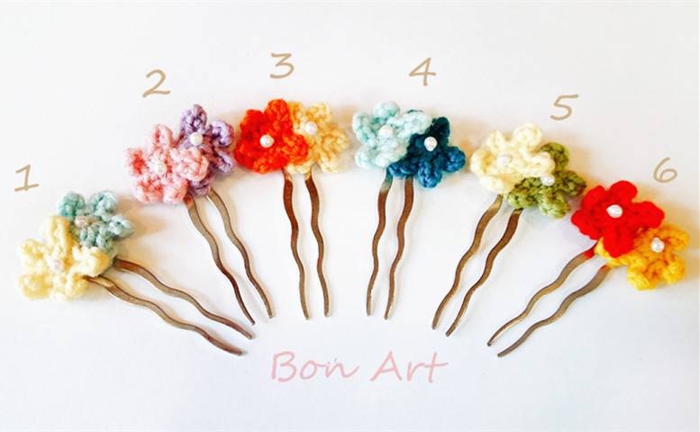 【蹦創意】3D立體● 復刻浪漫● 芯玫-羊毛手鉤髮夾【雙小花髮叉】【花球髮夾】