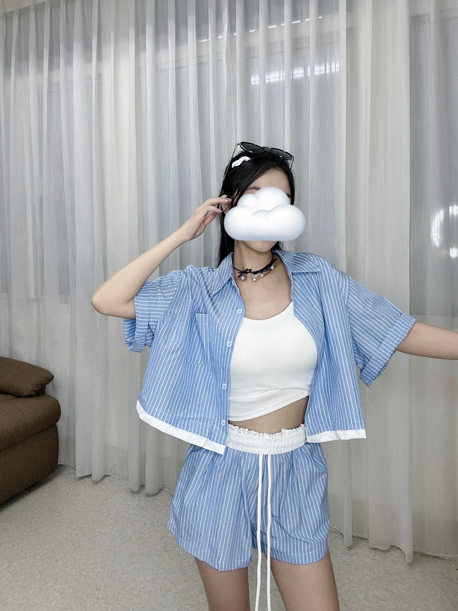 條文配色襯衫套裝