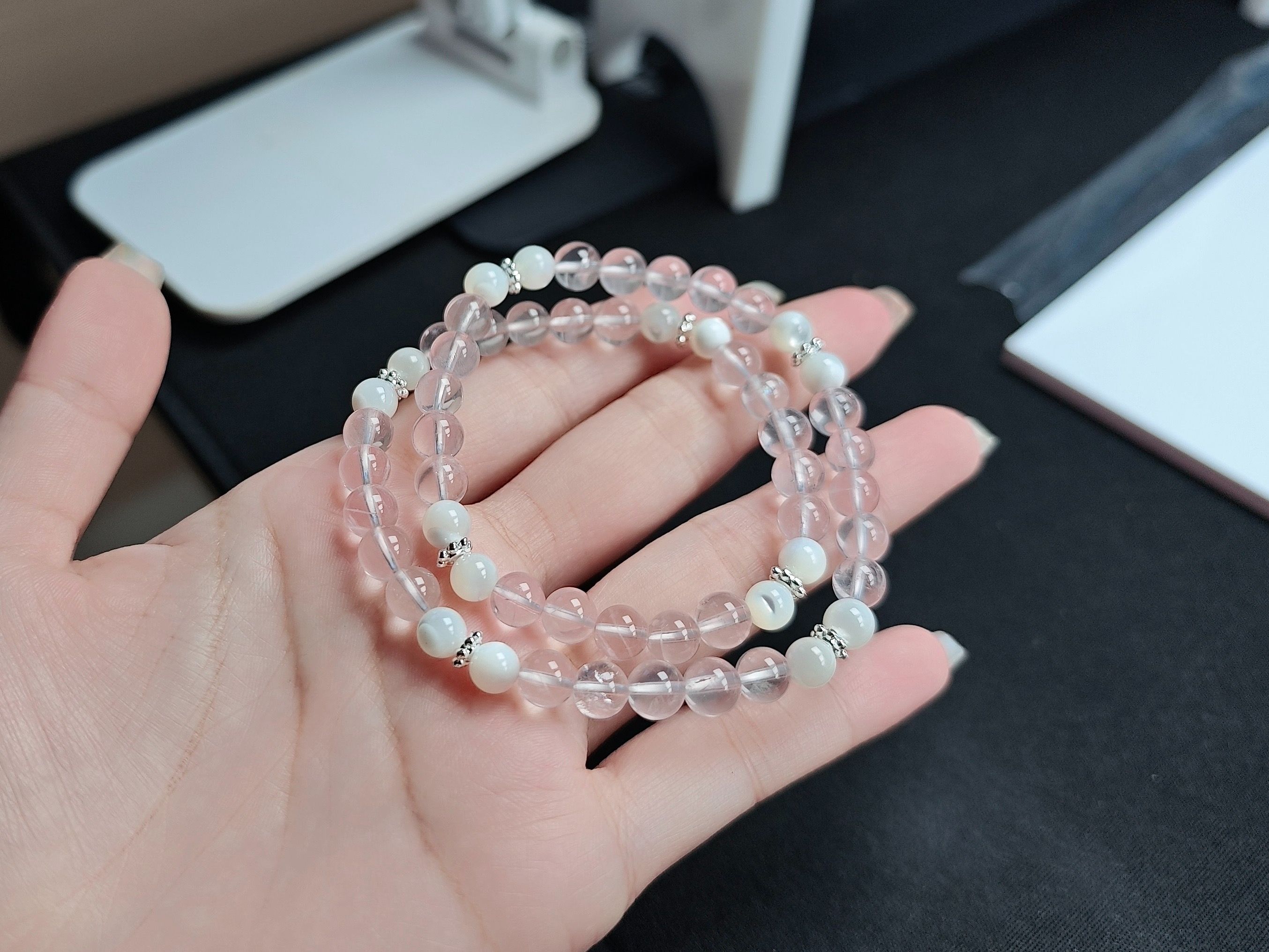 星光粉晶+白貝母 雙圈手鍊