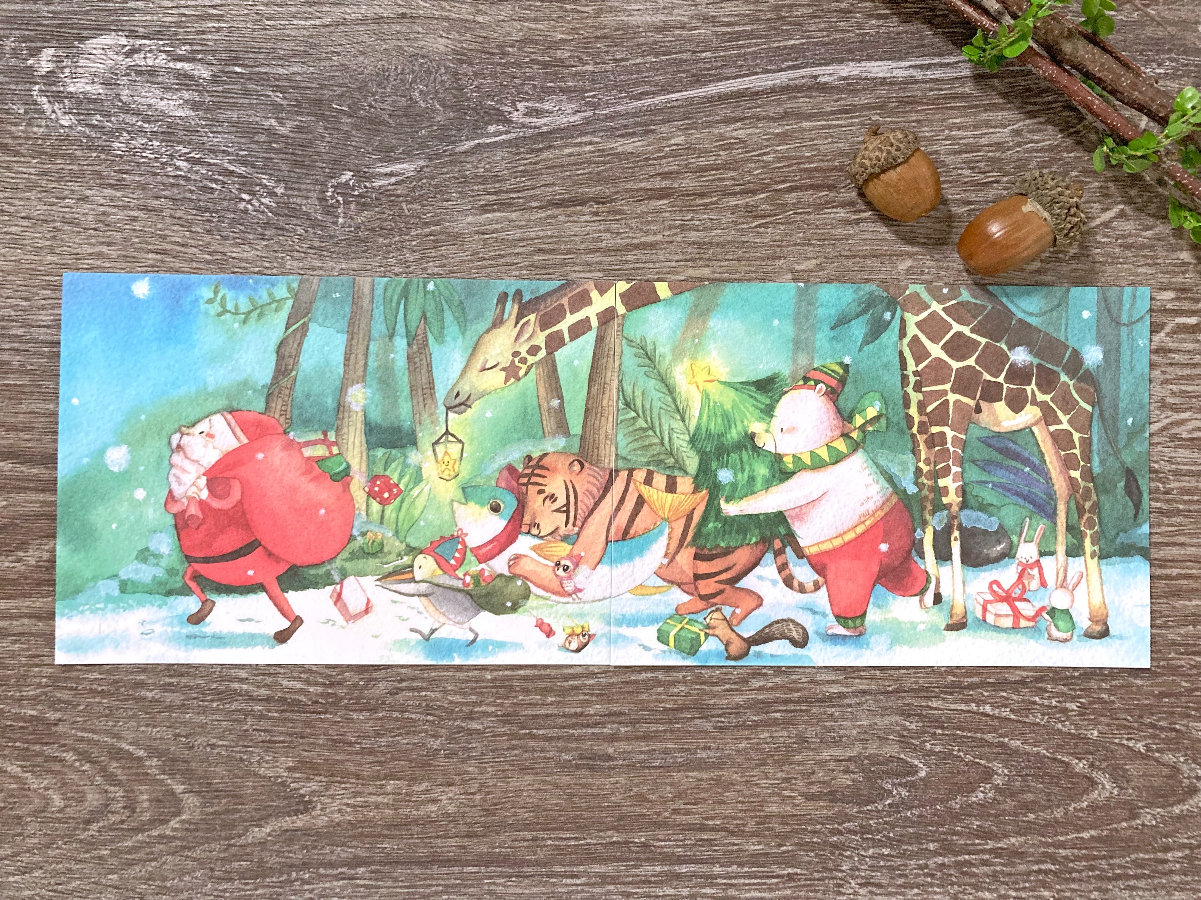 聖誕明信片 | 綠色聖誕來去送禮物