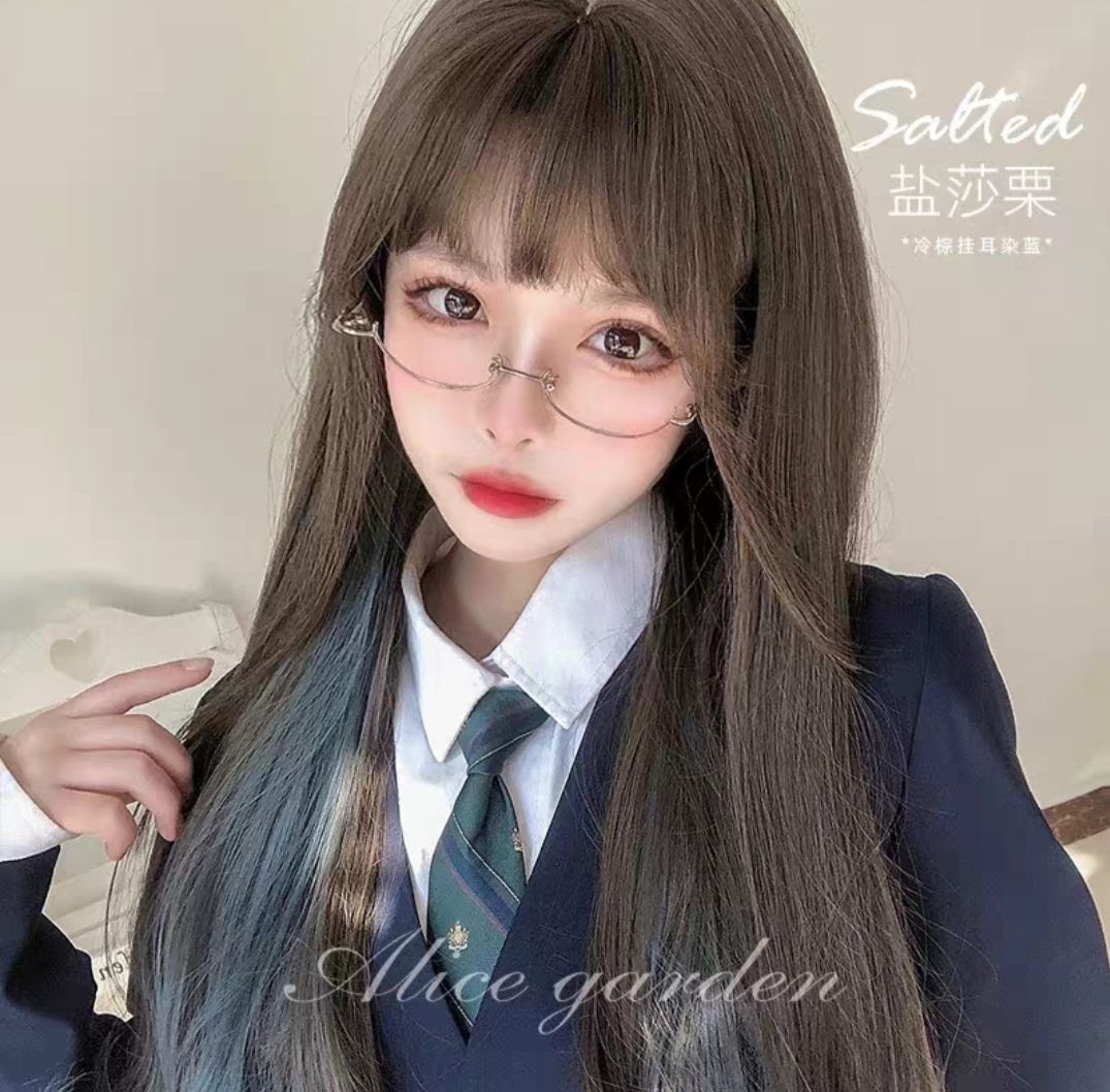 冷棕色掛耳染灰藍色長直假髮