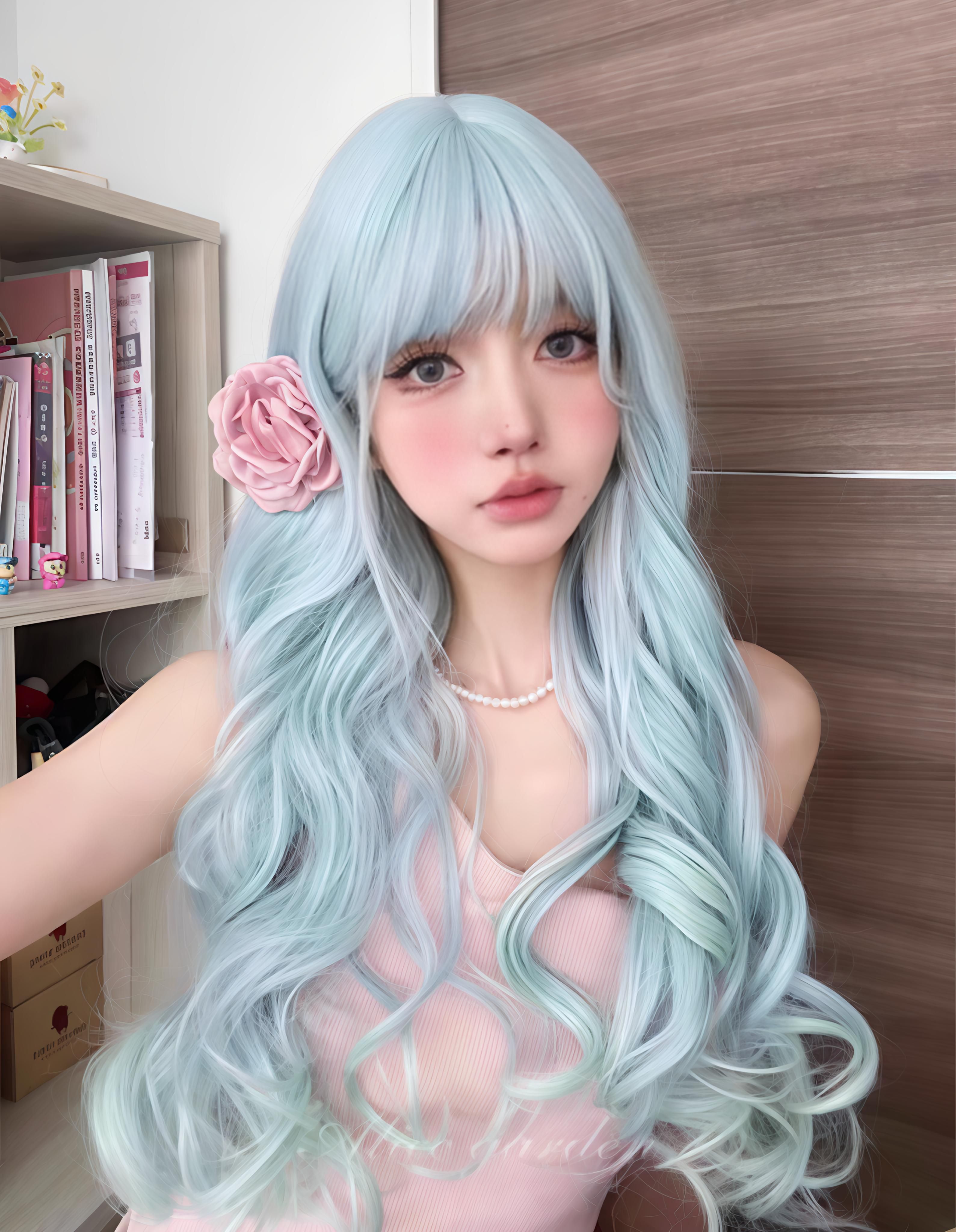 天使界隈沁水藍長捲假髮