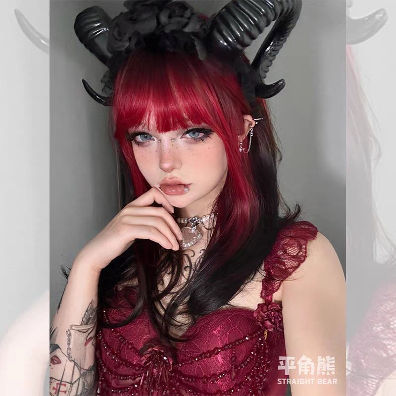 | 玫瑰月影 | 頭頂染黑漸變玫瑰紅中長直假髮