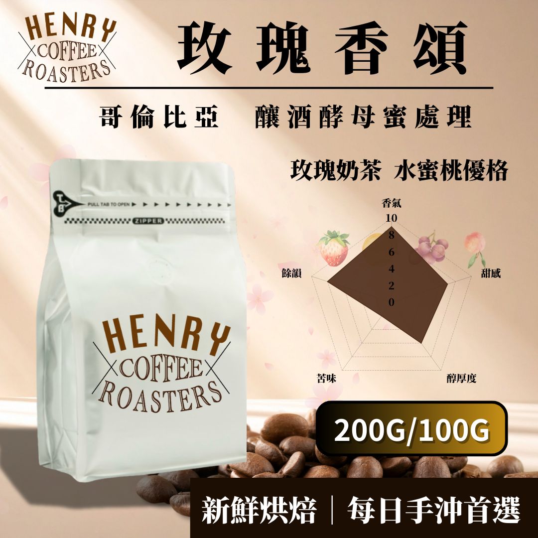 【亨利咖啡烘焙】哥倫比亞 玫瑰香頌 咖啡豆 釀酒酵母蜜處理 淺焙｜濃郁玫瑰花香 草莓優格甜感｜精品手沖咖啡豆  新鮮烘焙