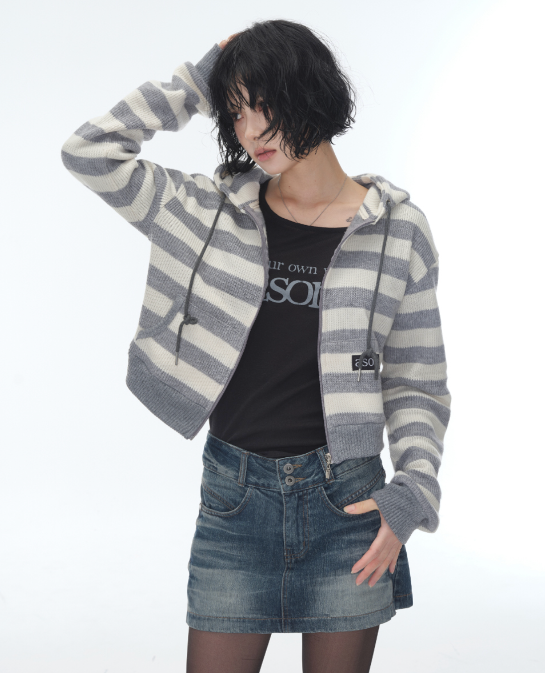ason COSY STRIPE HOOD ZIP-UP / GRAY