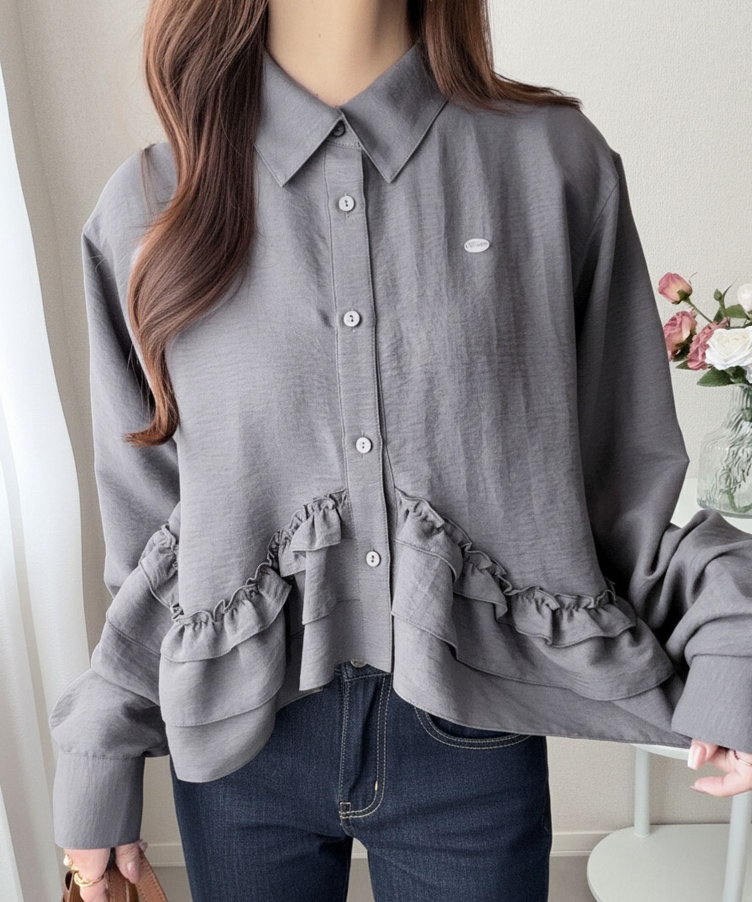 2914 荷葉邊下擺長袖襯衫