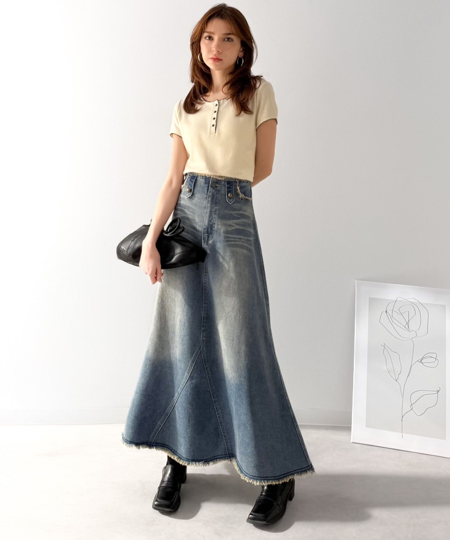 2917 牛仔流蘇長喇叭裙