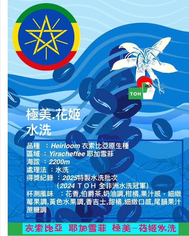衣索比亞 耶加雪菲ＴＯＨ全非洲水洗冠軍-極美.花姬 水洗2025批次