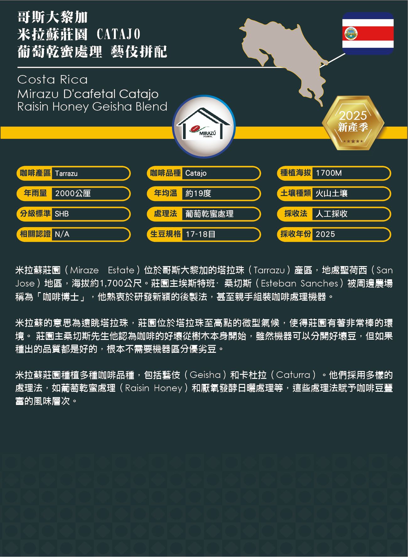 哥斯大黎加A米拉蘇莊園 CATAJO 葡萄乾蜜處理 藝伎拼配/有音樂家