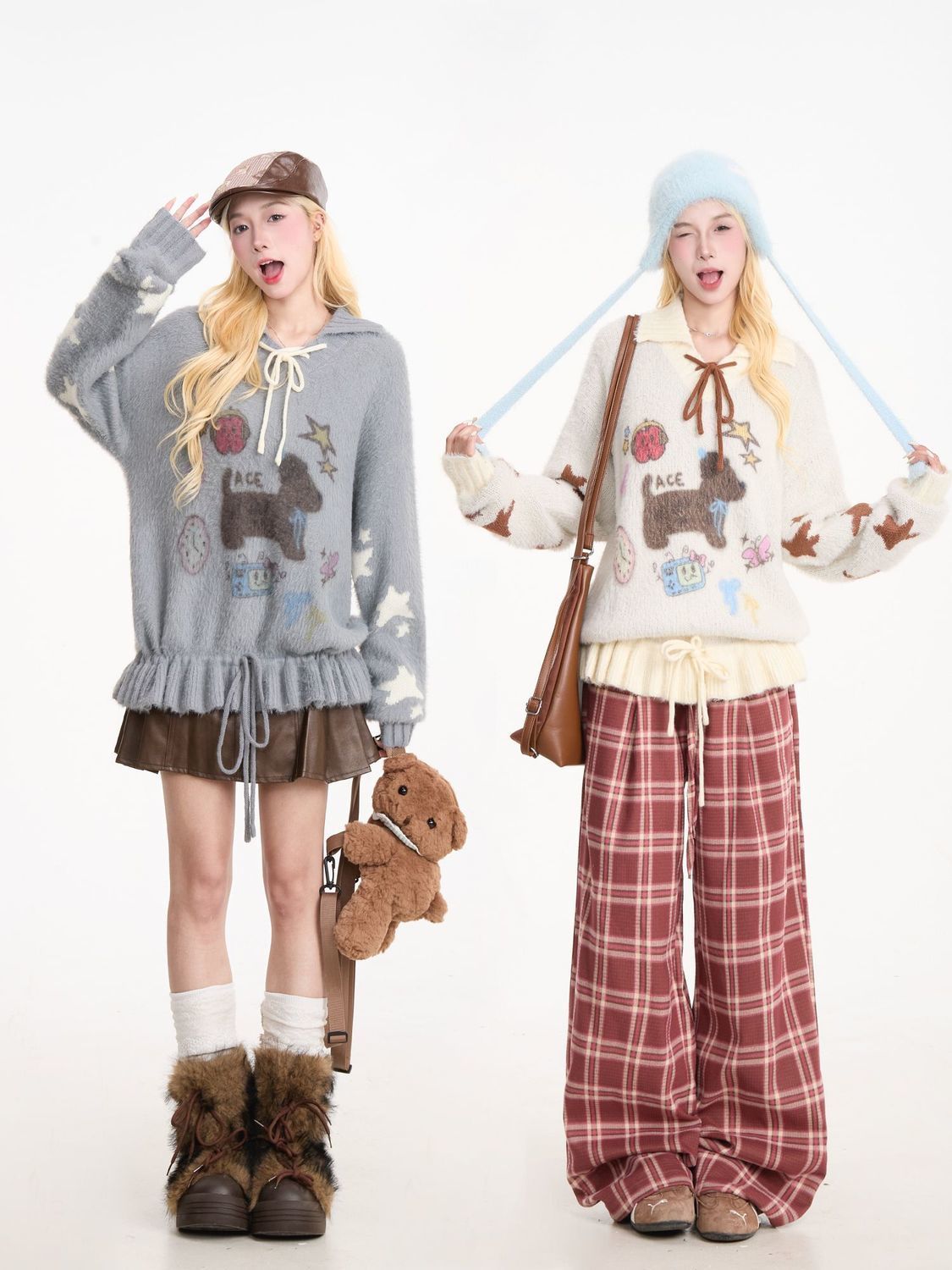 小狗領結花邊裙擺針織毛衣