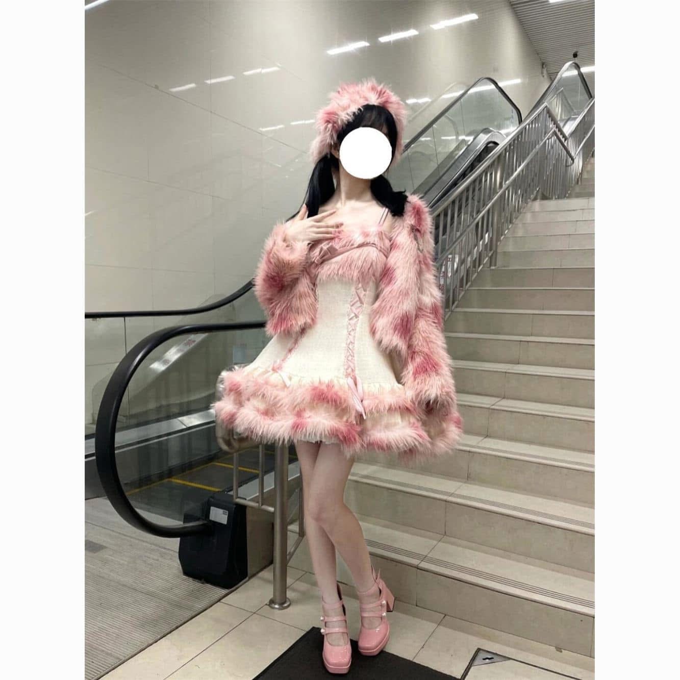 冬季氛圍感甜美減齡毛絨絨短外套收腰顯瘦蓬蓬公主短裙子兩件套