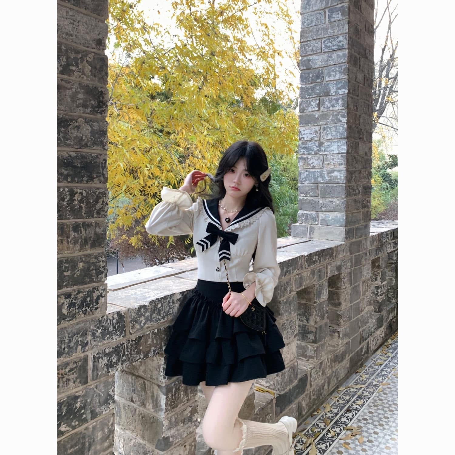 春秋季新款韓版氣質純慾風蝴蝶結海軍領上衣女高腰顯瘦a字半身裙