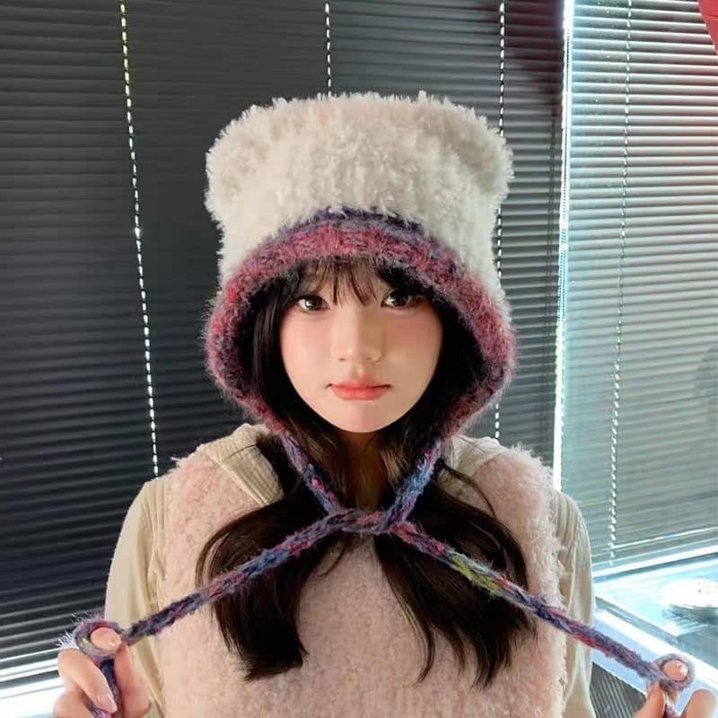新款可愛小熊耳朵針織毛線帽女毛絨帽子秋冬季保暖護耳大頭圍熊耳帽針織帽