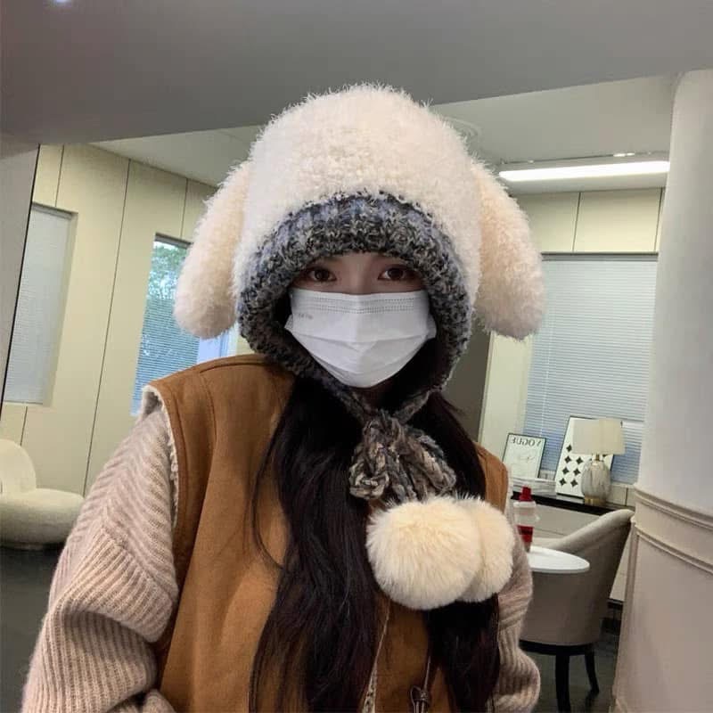 韓版小清新毛絨帽兔子耳朵帽子女日係顯臉小護耳套頭帽高級感保暖針織帽女